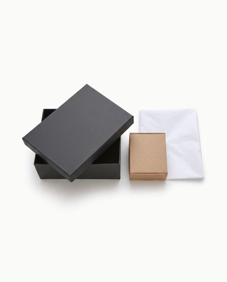 Charcoal rigid box with lid lifted, kraft carton and folded tissue paper