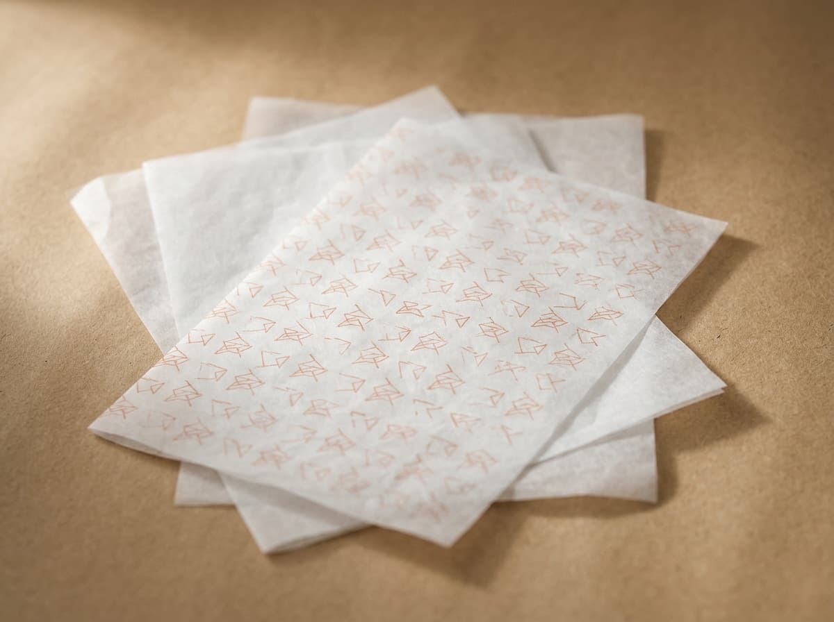 Printed interleaving tissue paper on a kraft background, raking light