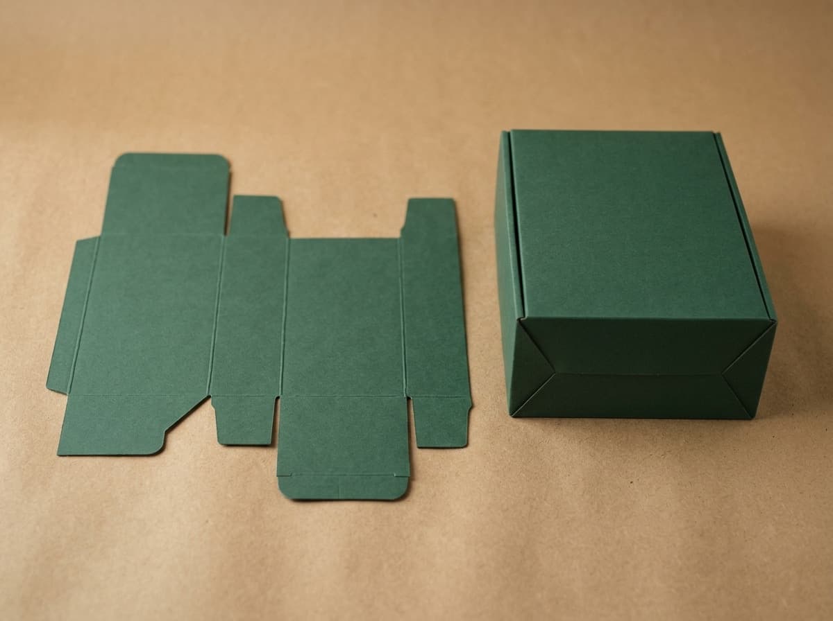 Flat carton blank and an assembled folding carton side by side