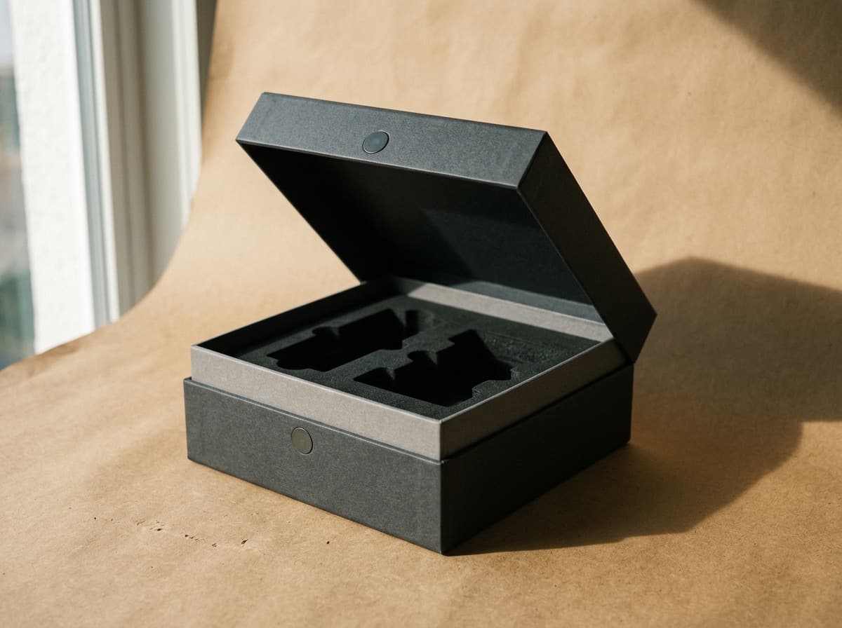 Rigid box with lid lifted, magnetic closure and foam insert visible