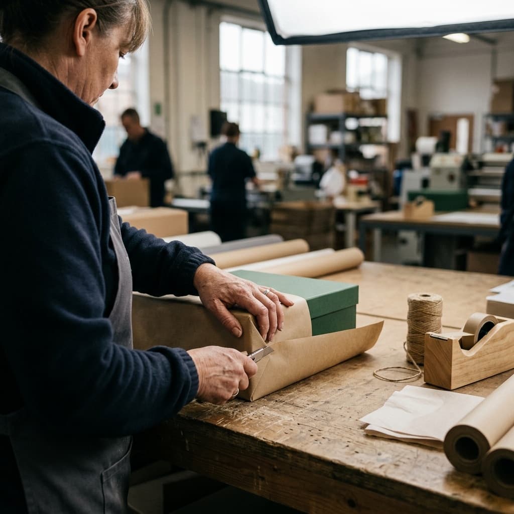 Hands wrapping a rigid box on the assembly bench