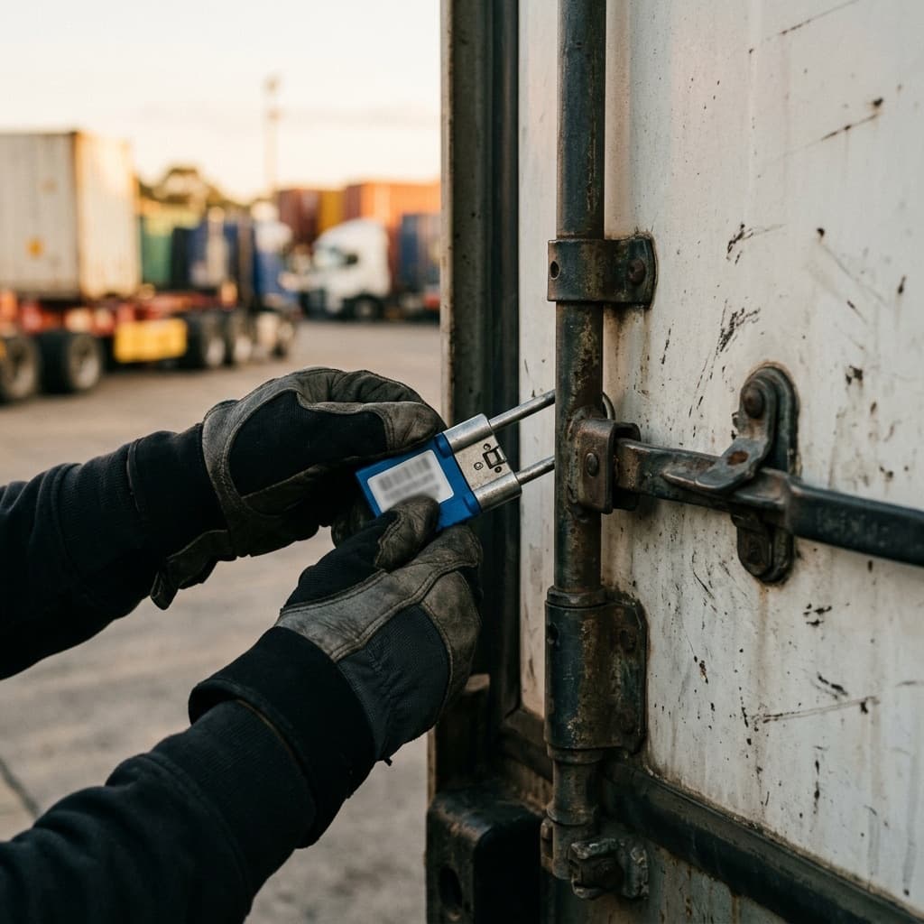 Numbered bolt seal being closed on a trailer door